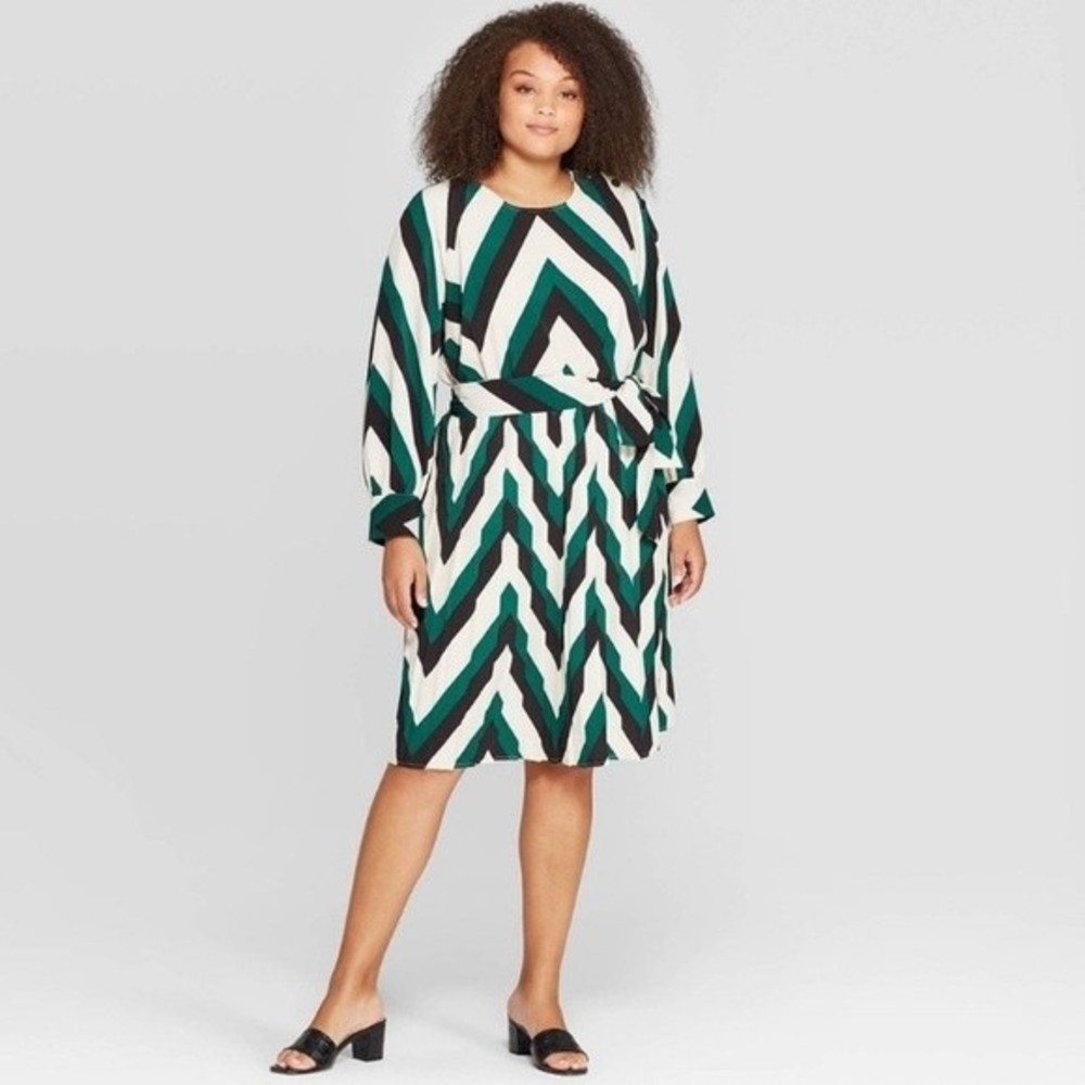 Who What Wear Chevron Striped Long Sleeve Pleated Dress Size 1X